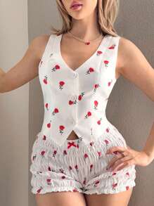 Sweetina Women's Resort Floral Print V-Neck Single-Breasted Casual Tank Top