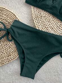 SHEIN Swim Women Summer Beach Solid Ribbed Simple Bikini Set For Vacation - Dark Green - View 3