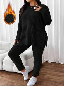 SHEIN CURVE+ 2pcs Curve Plus Size Women Knitted Ribbed Texture Loungewear Set, Casual & Comfortable For Autumn/Winter - Black - View 6