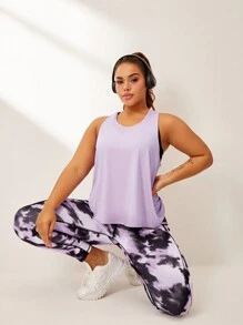 SHEIN Sport Studio Plus Size Women Solid Color Round Neck Tank Top And Batik Print Leggings Sports Suit