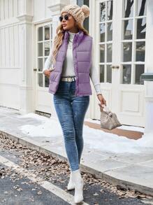SHEIN LUNE 女士纯色拉链前口袋休闲冬装背心羽绒夹克 - 紫丁香色 - 查看 5