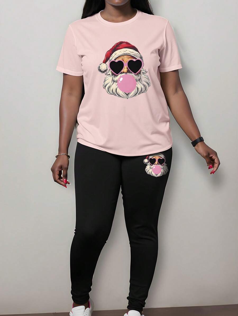 SHEIN LUNE 2pcs Christmas Santa Claus Bubble Print Tight Fit Round Neck Short Sleeve Top & Leggings Set For Plus Size Women, Autumn/Summer