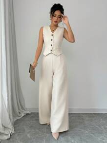 Elenzga Set de 2 piezas de chaleco de tweed para mujer, conjunto elegante de diseño regular con cremallera