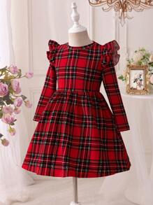 SHEIN 小女孩和妈妈一起穿的秋季格子针织荷叶袖休闲圣诞连衣裙 - 紅色 - 查看 3