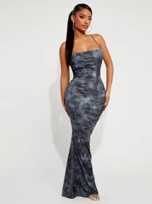 SHEIN SXY Damen Botanik Muster rückenfreies Kleid mit Bindedetail und Fishtail-Saum, figurbetont