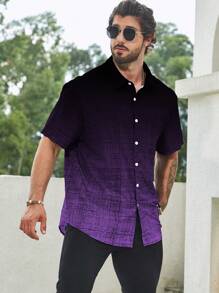 Manfinity Homme Men's Ombre Color Single Breasted Loose Short Sleeve Casual Shirt - Violet Purple - View 6