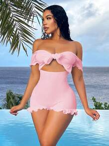 SHEIN SXY 夏季假期海滩露肩前系带蝴蝶结泡泡袖荷叶边下摆女式连体衣