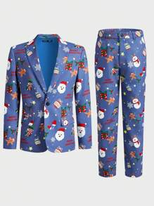 Manfinity VCAY Men's Woven Fashionable Casual Loose Long Sleeve Christmas Pattern Open Front Jacket - Blue - View 11