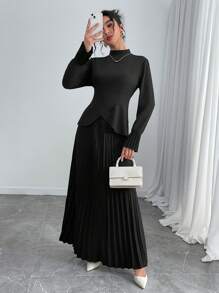 Chiquease Set de 2 piezas de top de manga larga y falda de unicolor para mujer