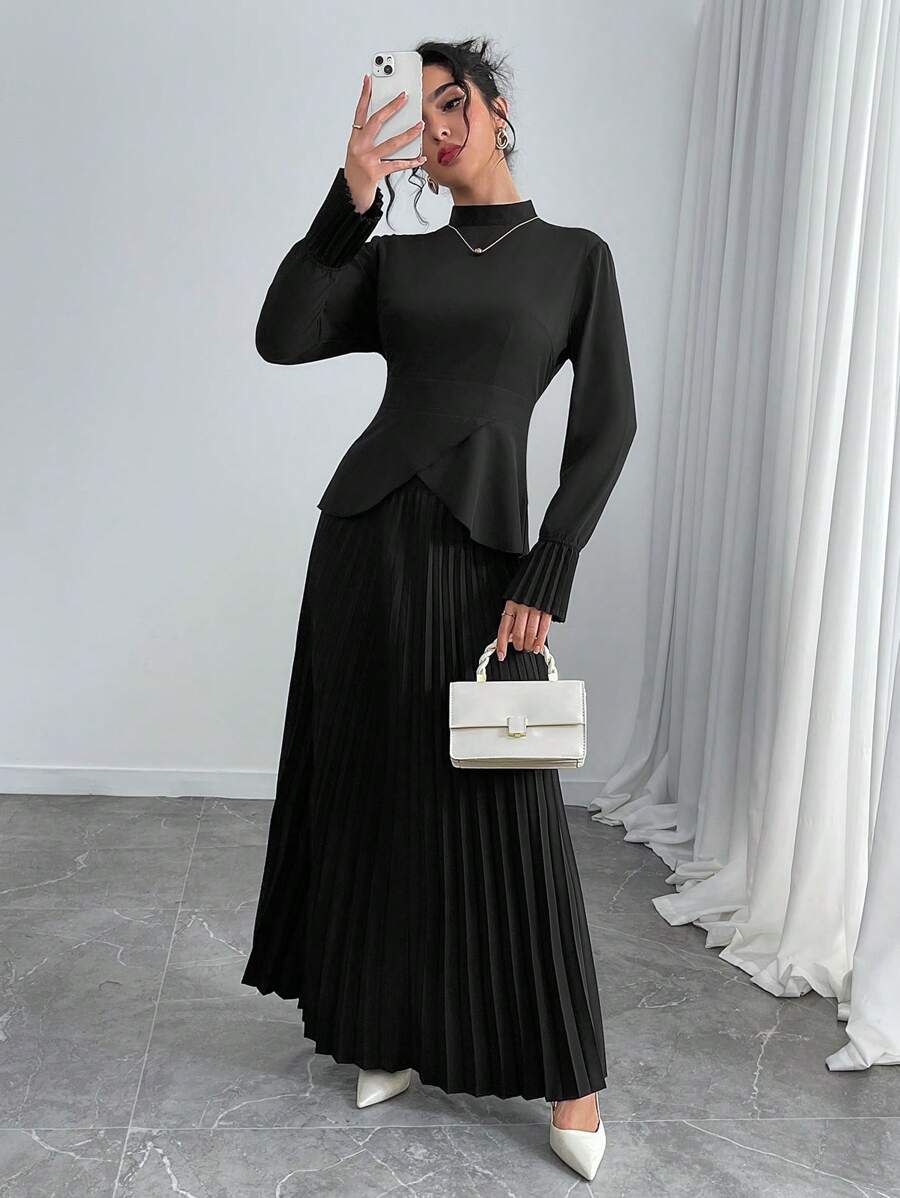 Chiquease Set de 2 piezas de top de manga larga y falda de unicolor para mujer