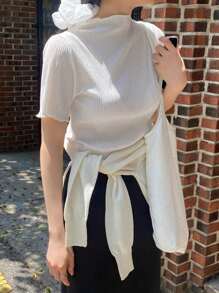 DAZY 女式纯色纹理面料高领短袖修身白色衬衫，春夏 - 杏色 - 查看 6