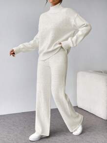 SHEIN Privé Conjunto de dos piezas de suéter holgado de punto y pantalones de cintura elástica para mujer, cómodo y de moda para personas mayores, para otoño/invierno - Blanco - Ver 7