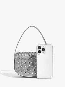 SHEIN ICON Bolso de hombro para damas y mujeres, bolso hobo, de moda, personalizado, simple, versátil, de calle, dulce y fresco para chicas, chicas calientes, Y2K, remaches, plateado, bolso de bolos, bolso Boston, Y3K, adolescentes
