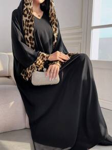 Al Najma 女式豹纹拼布长袖休闲宽松阿拉伯风格连衣裙，配头巾，端庄优雅，超长阿拉伯连衣裙 - 彩色 - 查看 4