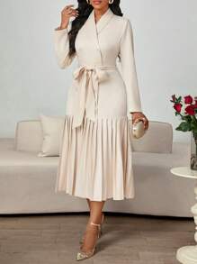 SHEIN Lady Women Mid-Length Solid Color Long Sleeve Casual Dress, Minimalist Fashion For Everyday Wear Spring Autumn And Winter Elegant Commuting Wedding Office Pleated Belted Button Front Formal Dress Professional Elegant Dress