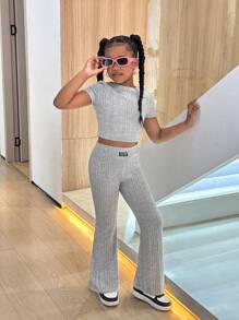 SHEIN Leap Crew Tween Girl Matching Set Knit Fuzzy Solid Round Neck Short Sleeve Top And Leggings - Grey - View 1