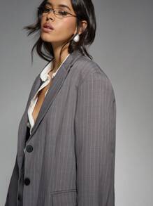 MISSGUIDED Pinstripe Oversized Professional Office Business Work Blazer Long Sleeve Suit Jacket Winter Fashion Statement Piece Sophisticated Tailored Outerwear