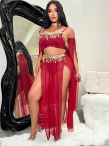 Fantasy Costume Fantasy Costume 4pcs Plus Size Mesh Tassel Lingerie Set - Burgundy - View 4