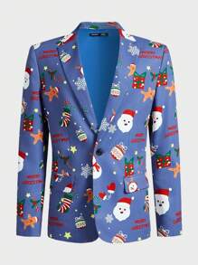 Manfinity VCAY Men's Woven Fashionable Casual Loose Long Sleeve Christmas Pattern Open Front Jacket - Blue - View 5