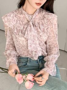 DAZY Blouse à col volant à fleurs ditsy pour femmes, Top à manches longues pour femmes en automne