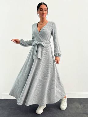 RueChic Asymmetrisches, gerüschtes, gegürtetes, langes Wickelkleid Damen Kleid Lang Kleid langarm