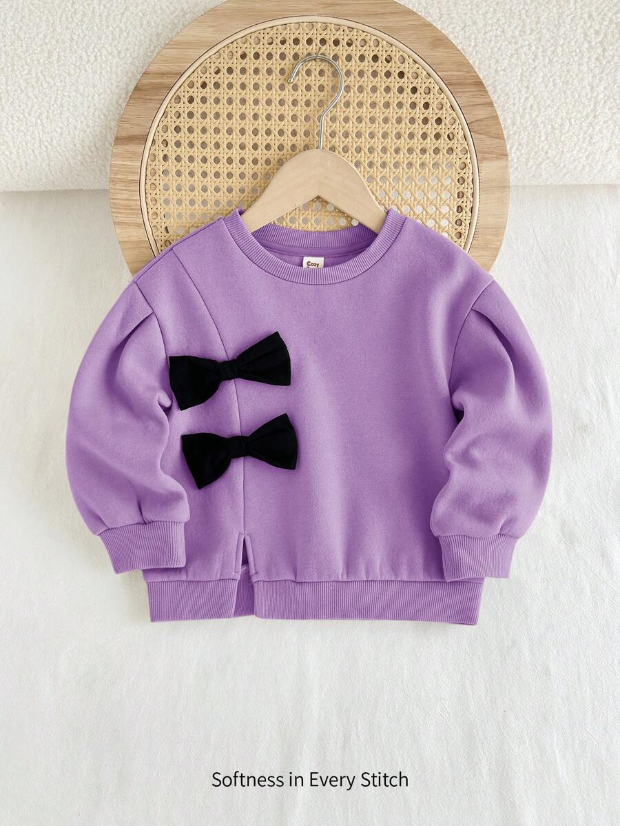 Cozy Pixies Young Girl Fashion 3D Bow Round Neck Dropped Shoulder Pullover Hoodie
