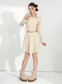 SHEIN Explorewe 2 件套优雅甜美杏色女孩短款上衣和分层裙子，V 领，青少年休闲装