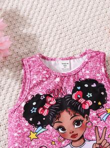 SHEIN Set de 2 piezas compuesto por top ajustado de punto con diseño lindo de niña y pantalones acampanados de punto