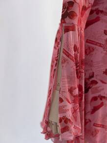 Soleia Women Plus Size Vacation Floral Print V-Neck Lace Trim Bowknot Decor Vintage Print Flare Sleeve A-Line Mini Dress, Autumn/Winter - Multicolor - View 7