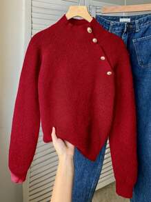 SHEIN Teenager Mädchen Elegante Rollkragen Pullover mit Schulteraussschnitt und Metall Knöpfen, geeignet für Feiertage, Vintage, Lässig Wear, Winter