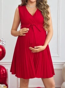 SHEIN Modna sukienka ciążowa z kopertowym dekoltem w serek i plisowanym dołem w jednolitym kolorze, elegancka