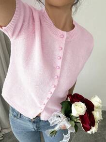 Gloray Nueva llegada Suéter holgado y sencillo de punto con botones para mujer, suéter de manga corta en color rosa para otoño/invierno