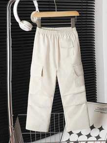 Young Boy Elastic Waist Flap Pockets Pleated Decorative Design Cargo Pants, Suitable For Outdoor Spring/Summer Wear - Apricot - View 1