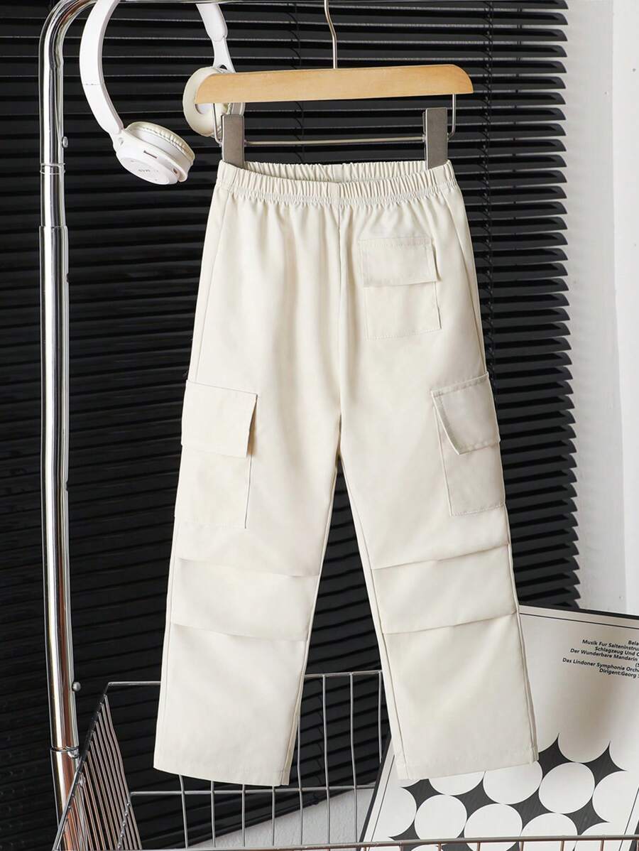 Young Boy Elastic Waist Flap Pockets Pleated Decorative Design Cargo Pants, Suitable For Outdoor Spring/Summer Wear - Apricot - View 1