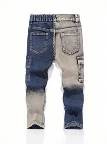 SHEIN Pantalones de mezclilla tipo cargo para niños con bolsillos, estilo retro, desgastados y vintage, con tela elástica, azul y amarillo, casual y versátil para atuendos diarios de niños en otoño/invierno