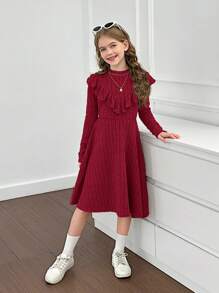 SHEIN Tween Girls Ribbed Knit Stand Collar Ruffle Hem Fitted Casual Long Sleeve Dress - Burgundy - View 6