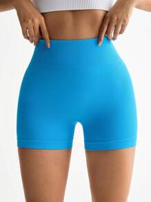 Easithlete Minimalist Solid Color High Waist Seamless Sports Shorts - Blue - View 5