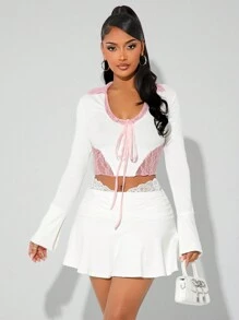 SHEIN SXY Sexy & Cute Lace Panel White Long Sleeve T-Shirt, Autumn/Winter
