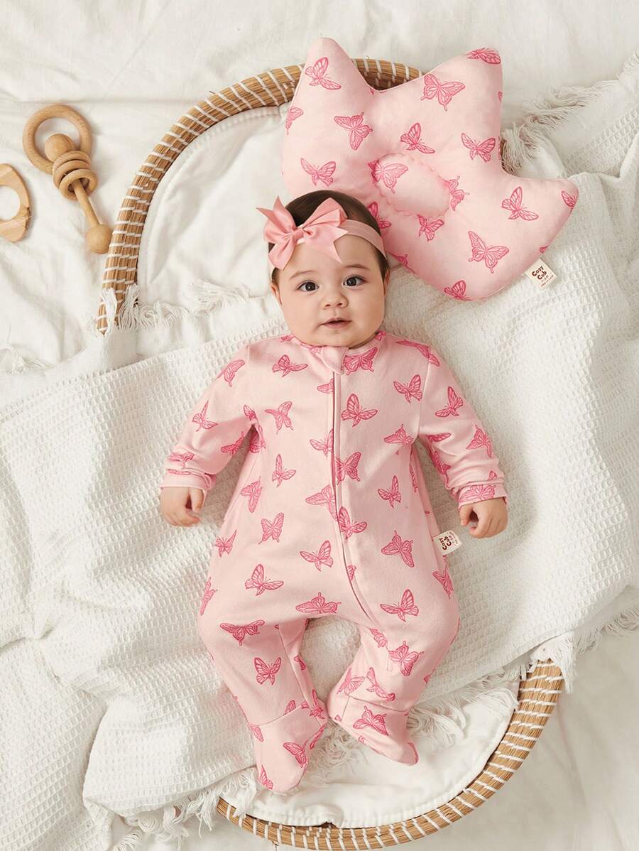 Cozy Pixies 2pcs Newborn Baby Girl Butterfly Pattern Knitted Soft Round Neck Long Sleeve Jumpsuit And Pillow - Pink - View 1