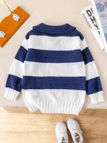 SHEIN 1 Piece Young Boys Casual College Comfortable Fashion Simple Practical All-Match College With Royal Blue White Stripes Comfortable Thick Warm Lapel Sweater Boys Sweater For Kids Outfits Young Boy Clothes School Back To School Boys Outfits Daily Suitable For School Suitable For Travel Suitable For Sports Suitable For Autumn And Winter - White - View 2