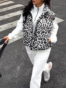 Flirla 1 pieza Abrigo sin mangas acolchado con estampado de leopardo, ropa casual para invierno
