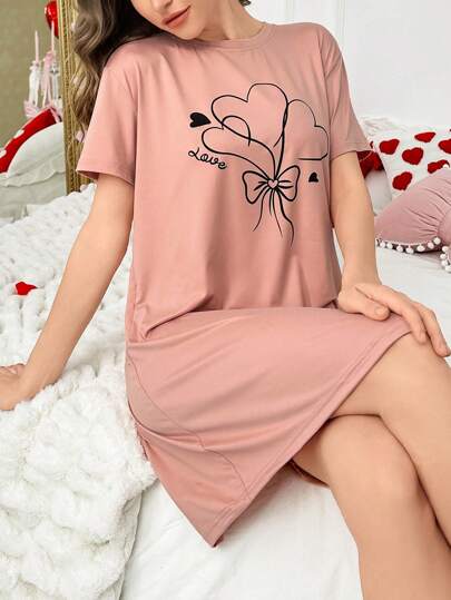 Heart Balloon Cartoon Print Short Sleeve Shirt Nightgown view 6
