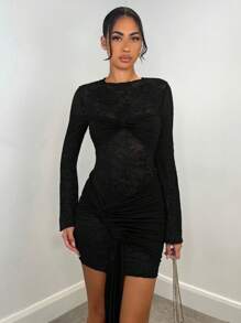 SHEIN BAE Sexy Wine Red Lace Sheer Long Sleeve Flounced Dress, Suitable For Clubbing, Date Night, Evening Outings, Holiday Party, Bridesmaids,Party Dress - Black - View 4