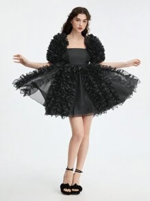 SHEIN MOD Women Elegant Black Ruffle Trim Organza Mini Dress, Dresses For Women, Dresses For Women Elegant, Dresses For Women Party, Corset Dress, Graduation Dress, New Year Party Dress, Going Out Dress, Vintage Dress, Goth Dress, Dress Madrinha De Casamento