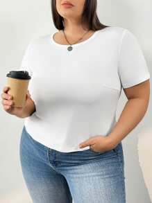 SHEIN CURVE+ CURVE PLUS /情人节/四件套加大码女式休闲简约纯色圆领短袖T恤，适合夏季穿着（不同颜色，黑色+白色+粉色+棕色） - 彩色 - 查看 8