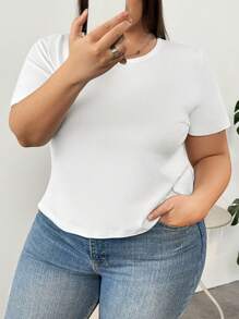 SHEIN CURVE+ CURVE PLUS /情人节/四件套加大码女式休闲简约纯色圆领短袖T恤，适合夏季穿着（不同颜色，黑色+白色+粉色+棕色） - 彩色 - 查看 9