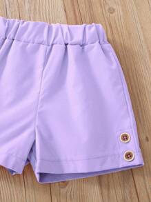 Top Tank De Peplum Frontal Con Lazo Y Pantalones Cortos Con Botones Con Estampado De Corazón Para Niña Joven - Multicolor - Ver 3