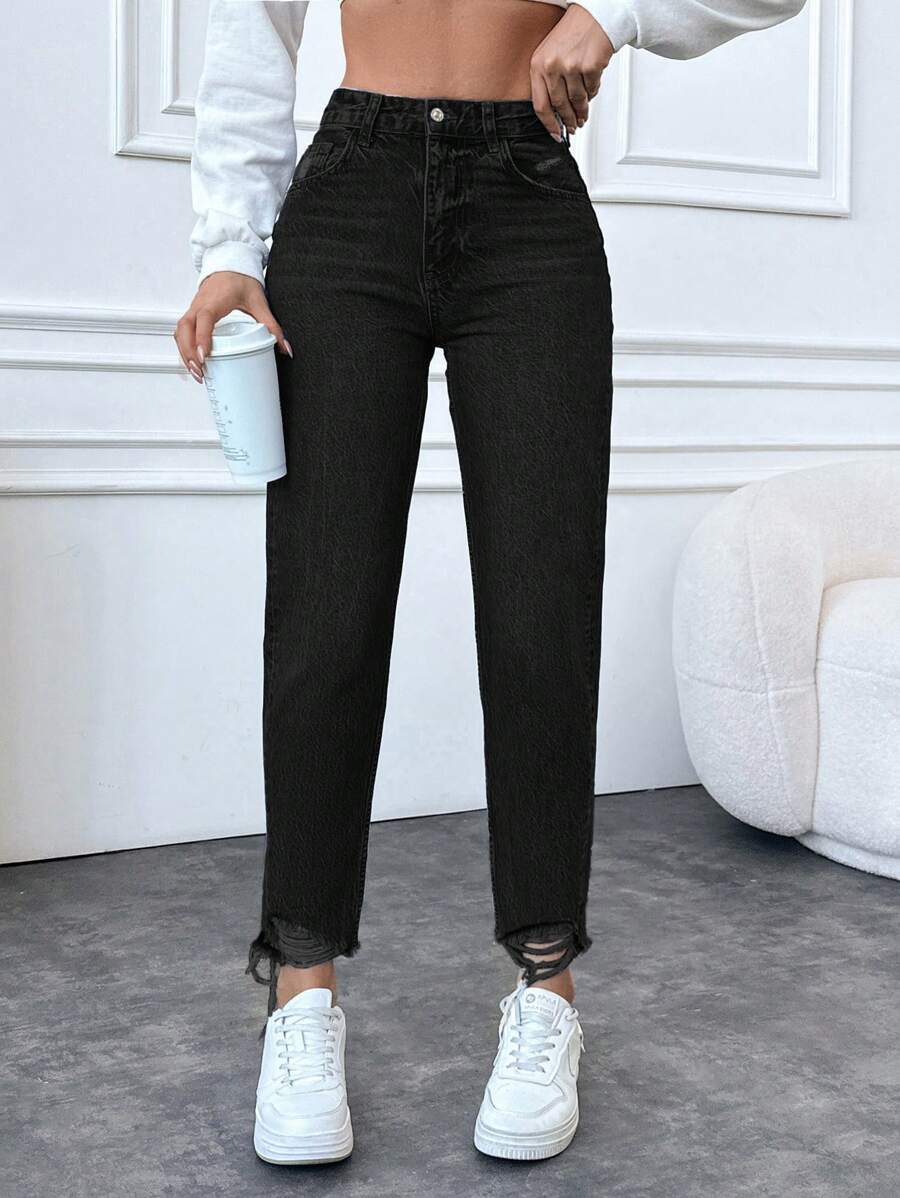 EURMUSE 100%Cotton Ladies' Distressed Frayed Hem Denim Jeans