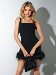 Easelle Women's Sexy Party Black Faux Fur Square Neck Backless Bodycon Mini Dress - Black - View 3