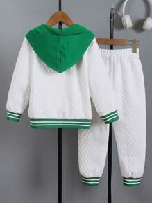 SHEIN 2pcs Young Boy Solid Color Patchwork Front Button Long Sleeve Hoodie And Pants Set